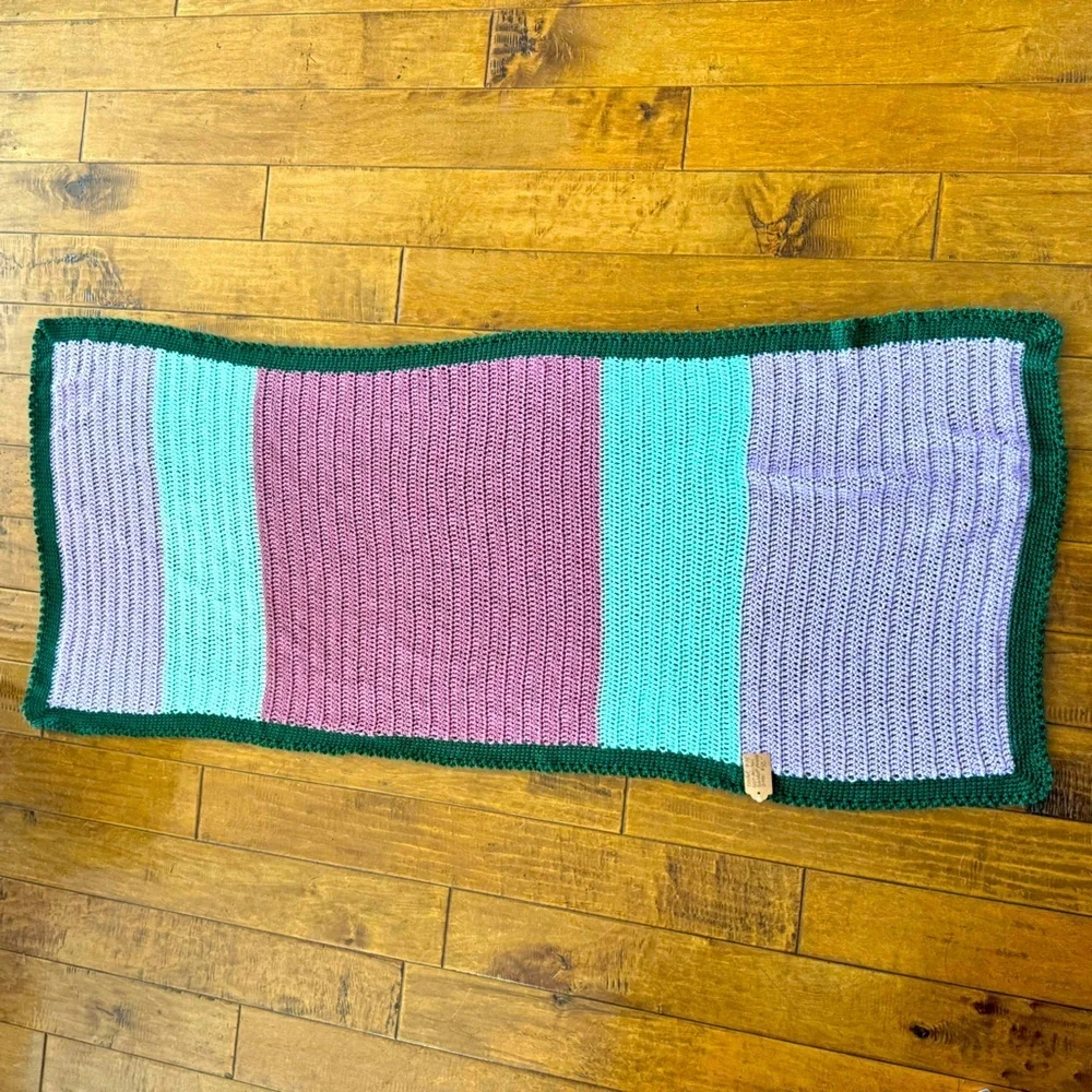 Beautiful Hand Knit Crochet Afghan Throw Blanket Purple and Green 64”x29”